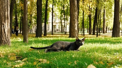 Black Cat Resting in a Sunlit Park Surrounded by Vibrant Autumn Trees