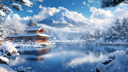 Fototapeta premium Serene Reflection: Mount Fuji's Snow-Capped Majesty Mirrored in Lake Kawaguchiko's Tranquil Waters