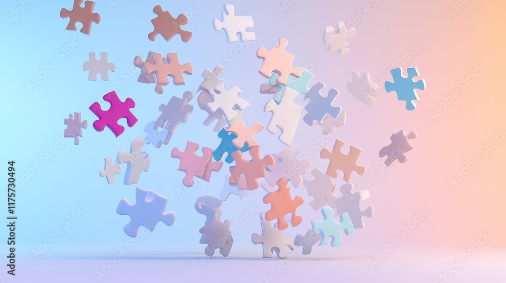 Poster Many colorful puzzle pieces are levitating on a gradient background, creating a visually appealing representation of problem solving, strategy, and teamwork
