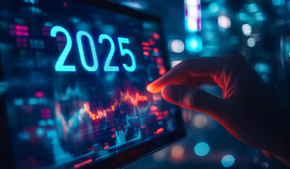 Businessman hand touching virtual screen with new year 2025, stock market concept
