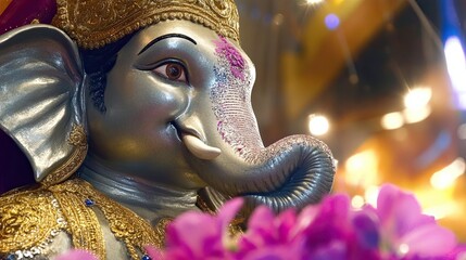 Celebration of Ganesh Chaturthi With a Vibrant Ganesha Idol Adorned in Flowers