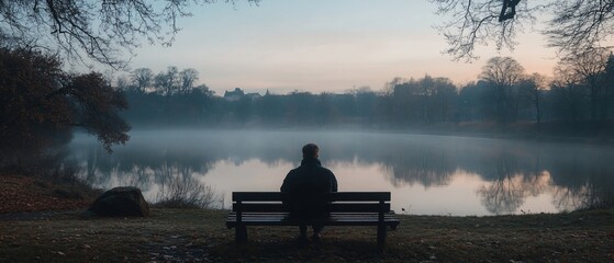 Man sits on bench by misty lake at dawn. Peaceful scene