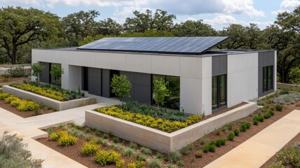 Corporate event showcasing sustainable solar-powered technology in business architecture modern environment innovative concept