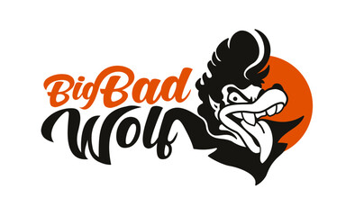 Big Bad Wolf Grin black, orange, red and white retro illustration tattoo mascot or logo, traditional tale characters