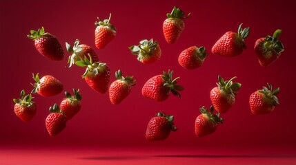 Flying strawberries on red empty background.