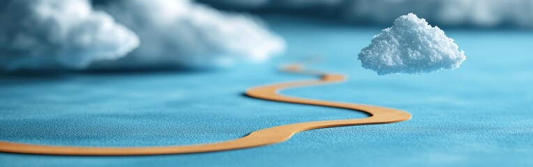 Navigating challenges on a winding roadmap surrounded by paper cutout clouds