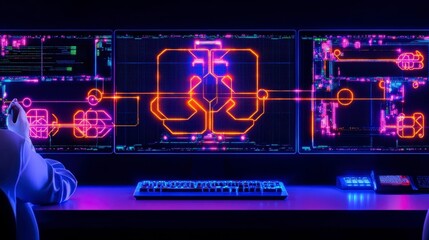 Obraz premium Futuristic Programmer Working on Neon Circuit Board Design on Multiple Monitors