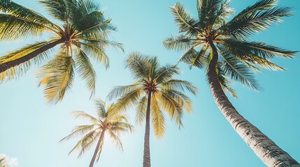 A tropical paradise with palm trees swaying in the breeze on a sunny day 