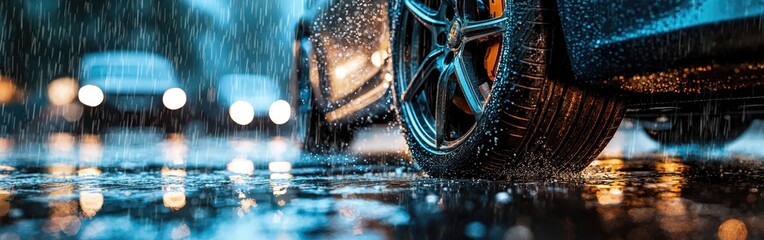 Car wheels spray water during heavy rain on busy urban streets in rush hour