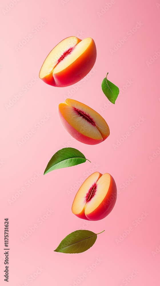 Poster ripe peach halves and green leaves gracefully float against a vibrant pink backdrop, creating a visu