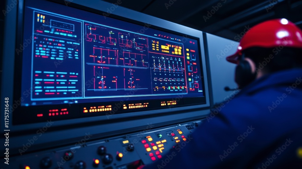 Poster industrial worker monitoring control panel screen data system technology factory