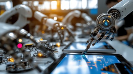 Obraz premium Robotic Arm Interacting with Advanced Technology Tablet Screen in Futuristic Factory Setting