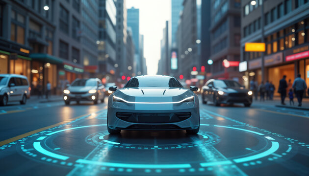 Autonomous driving concept car navigates city street. Futuristic tech vehicle displays info on road. Urban background shows busy city life. Modern tech car moving in traffic. Future transportation.