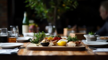 Fototapeta premium Delicious Gourmet Food Platter with Fresh Herbs Bread and Vegetables on Rustic Wooden Board