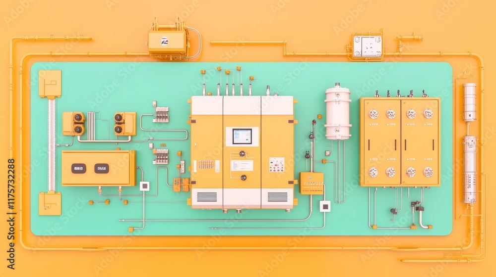 Poster industrial control system top down view of complex automated factory machinery and pipelines