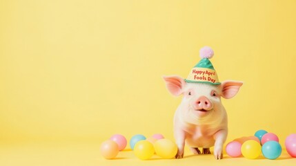 Naklejka premium Happy pig wearing festive hat surrounded by colorful eggs in a cheerful setting for April Fools Day celebration
