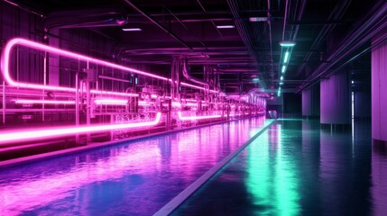 Fototapeta premium Futuristic Neon Lit Industrial Water Channel with Purple and Teal Lighting
