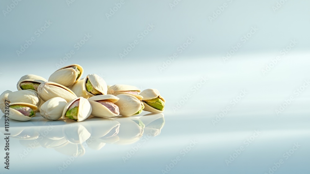 Aufkleber Pistachio nuts are arranged on a reflective surface, creating a visually appealing composition against a smooth gradient backdrop, emphasizing the textures and colors of these popular snacks