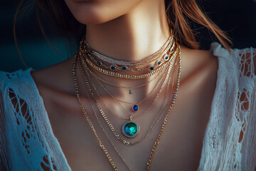 A model's neck adorned with layered necklaces in different lengths, showcasing gold, silver, and gemstone designs.