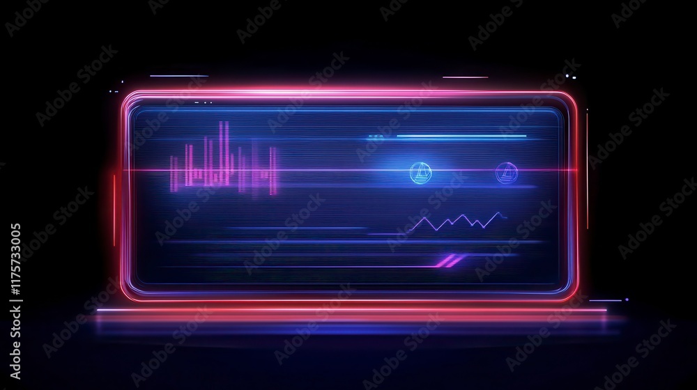Poster Futuristic Neon Interface Display with Data Visualization and Cryptocurrency Symbols
