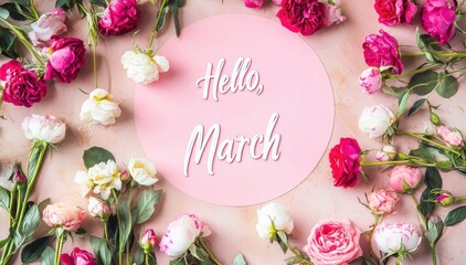 Beautiful floral arrangement celebrating the arrival of March with colorful roses and greeting in center