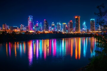 Naklejka premium Vibrant Illuminated Cityscape Reflecting on Water at Night