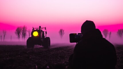 Photographer Silhouetted Against Vibrant Sunset Photographing Tractor in Field