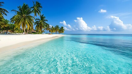 Fototapeta premium A tropical island with white sandy beaches, clear turquoise waters, and palm trees swaying in the breeze