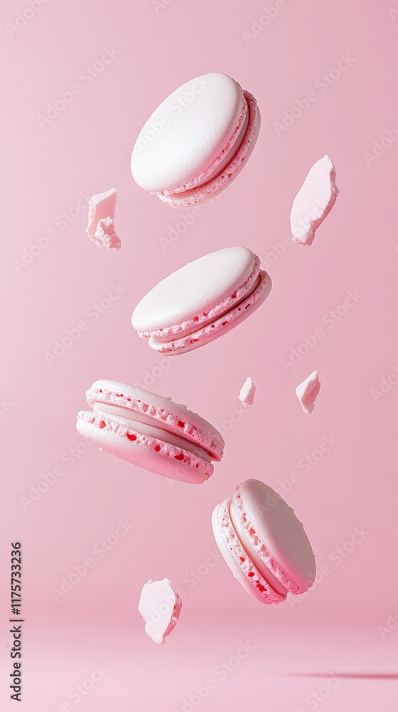 Poster four pink macarons floating gracefully against a soft pink background, surrounded by scattered crumb