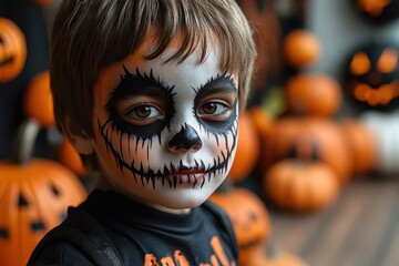 young boy in creative evil makeup for halloween showcasing a playful yet spooky expression surrounded by halloweenthemed decorations that enhance the festive atmosphere