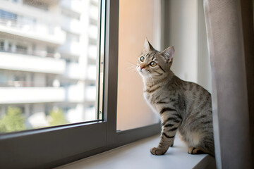 Cats exploring: Curious tabby cat on a windowsill looking outside, urban apartment view, indoor exploration, cozy pet moment