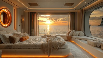 Luxurious superyacht master suite with panoramic ocean views at sunset