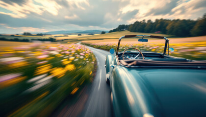 Obraz premium Vintage convertible car driving along a winding road with colorful wildflowers in a blurred scenic view
