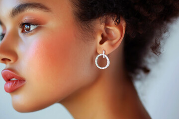 Artistic close-up of a model wearing hoop earrings with diamond accents, her hair tucked behind her ear for full visibility.