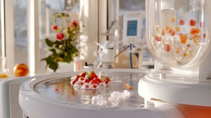 Fototapeta premium Fresh Strawberries Floating in Water with Laboratory Equipment Background