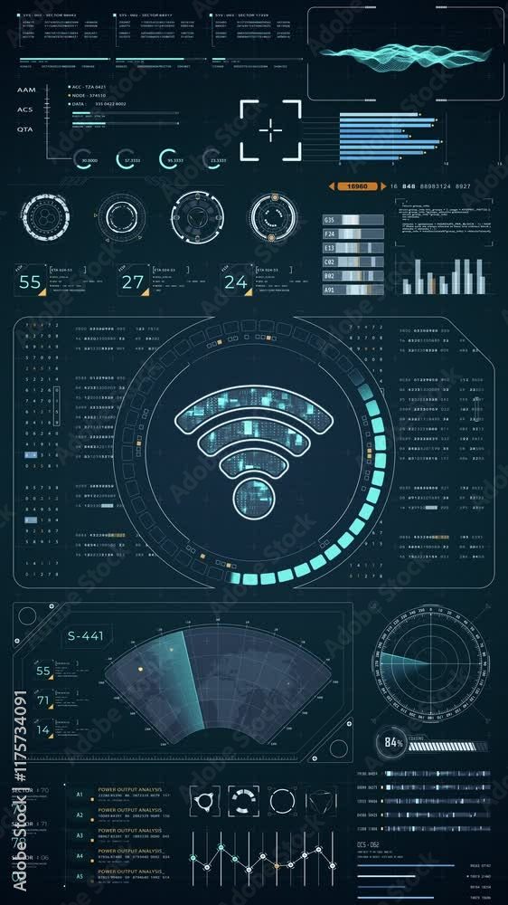 Poster motion graphic of blue digital wifi logo with head up display (hud ui) panel and futuristic technolo