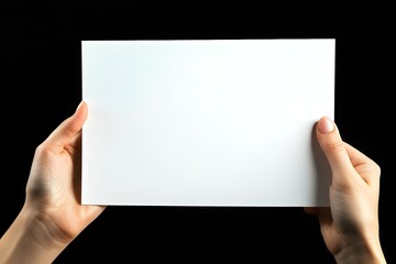 Close up of Womans Hand Holding Blank White Paper Card with Minimal Studio Lighting