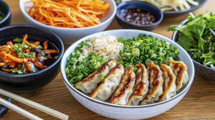 Delicious gyoza served with fresh vegetables, noodles, and sauces, creating vibrant meal. Enjoy flavors and textures of this Asian cuisine