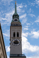 Alter Peter - famous church tower building at the old town of Munich, Germany, Bavaria. St. Peters Cathedral