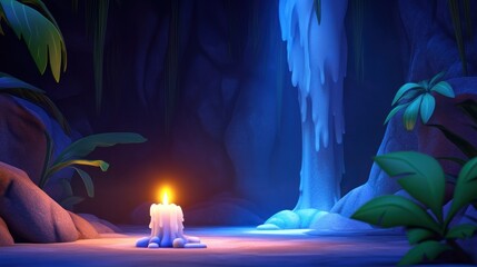 Obraz premium A serene cave scene with a glowing candle and a waterfall.