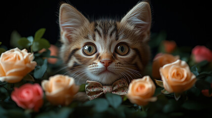Cute kitten wearing a tiny bow tie amidst a bed of roses