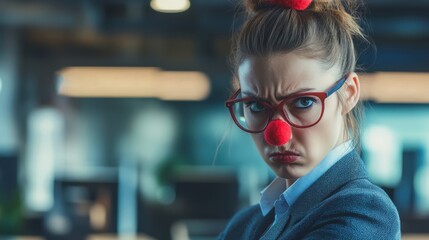 Woman in formal attire with clown nose and glasses exhibits serious expression in an office environment. April Fools Day concept 