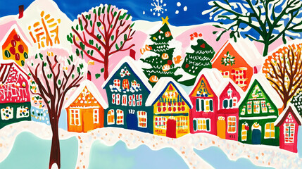 Fototapeta premium Christmas Watercolor Cozy Village Full Color Knitted
