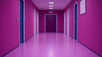 Modern Purple Corridor Interior Design with Doors and Clean Floor