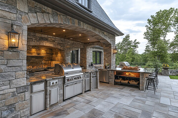 Luxurious Outdoor Kitchen With Stonework And Grill