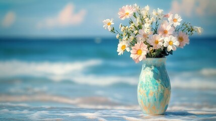 Flowers in a vase on the sandy beach with ocean waves and a clear blue sky © яна винникова
