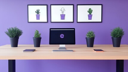 Modern Home Office Workspace Setup with Computer Plants and Smartphones on Desk