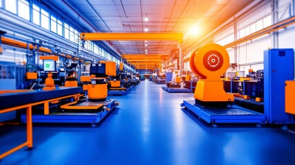Modern Factory Interior with Automated Industrial Machinery and Robotic Equipment