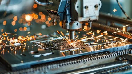 Fototapeta premium Sparks Fly as Precision CNC Machine Engages in Metal Fabrication