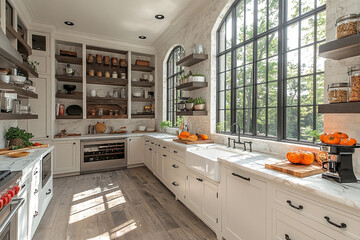 Bright Farmhouse Kitchen With Large Window And Extensive Shelving